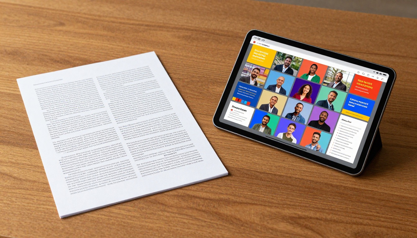 Side-by-side comparison of a dense printed report and an interactive digital flipbook displayed on a tablet