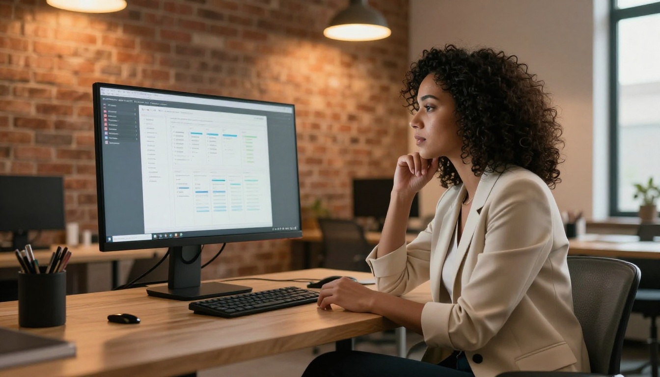 A professional woman in a cream blazer reviewing a digital report display at a standing desk with warm brick-wall background