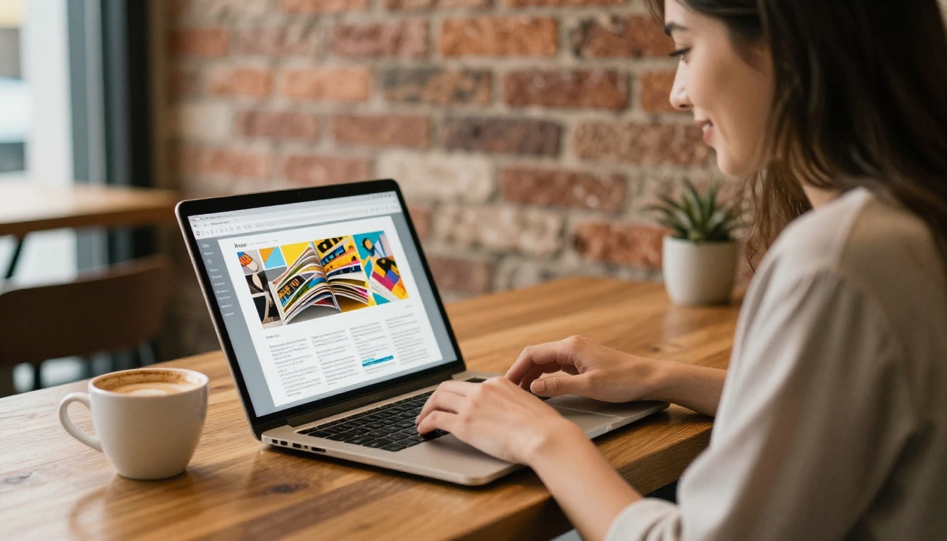 Young professional woman at café with open laptop showing colorful digital magazine flipbook interface Young professional woman at café with open laptop showing colorful digital magazine flipbook interface