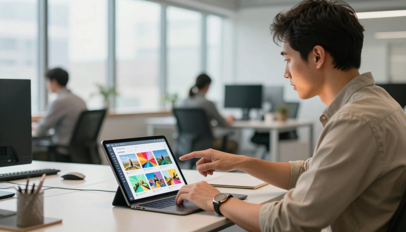 Man working on tablet at standing desk in modern open-plan office showing catalog flipbook interface Man working on tablet at standing desk in modern open-plan office showing catalog flipbook interface