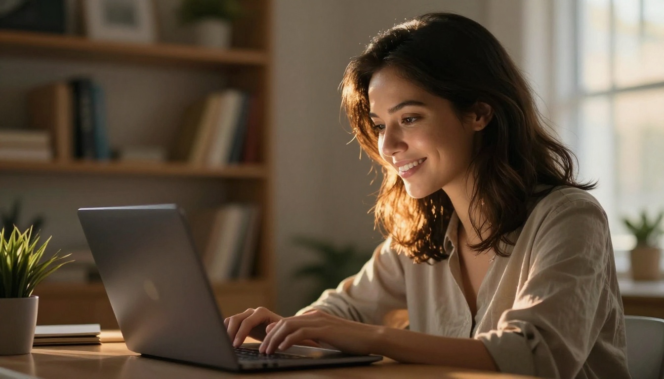 Woman smiling at laptop with golden hour backlight creating warm rim light in cozy home office Woman smiling at laptop with golden hour backlight creating warm rim light in cozy home office