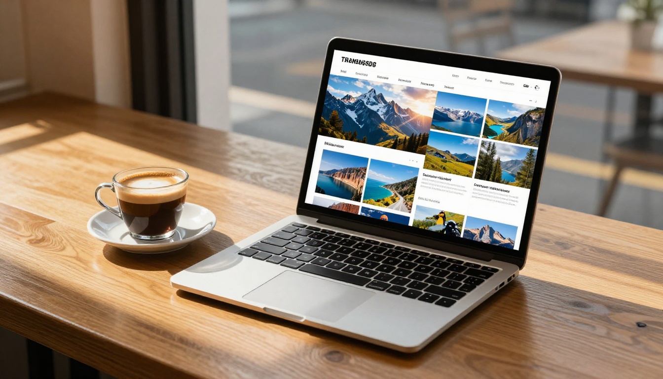 Open laptop on café table with espresso cup showing digital travel flipbook with mountain photography pages Open laptop on café table with espresso cup showing digital travel flipbook with mountain photography pages