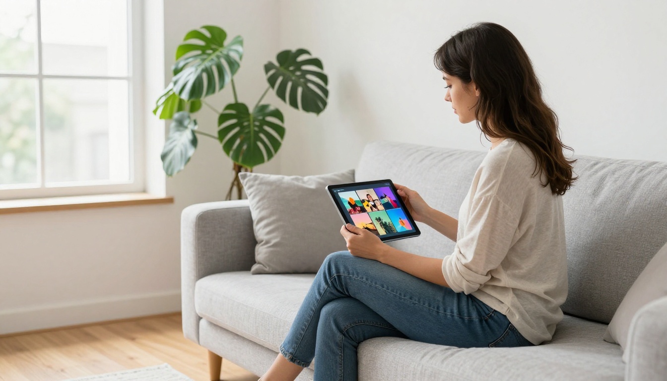 Creative woman sitting cross-legged on sofa holding tablet with colorful interactive digital portfolio on screen Creative woman sitting cross-legged on sofa holding tablet with colorful interactive digital portfolio on screen