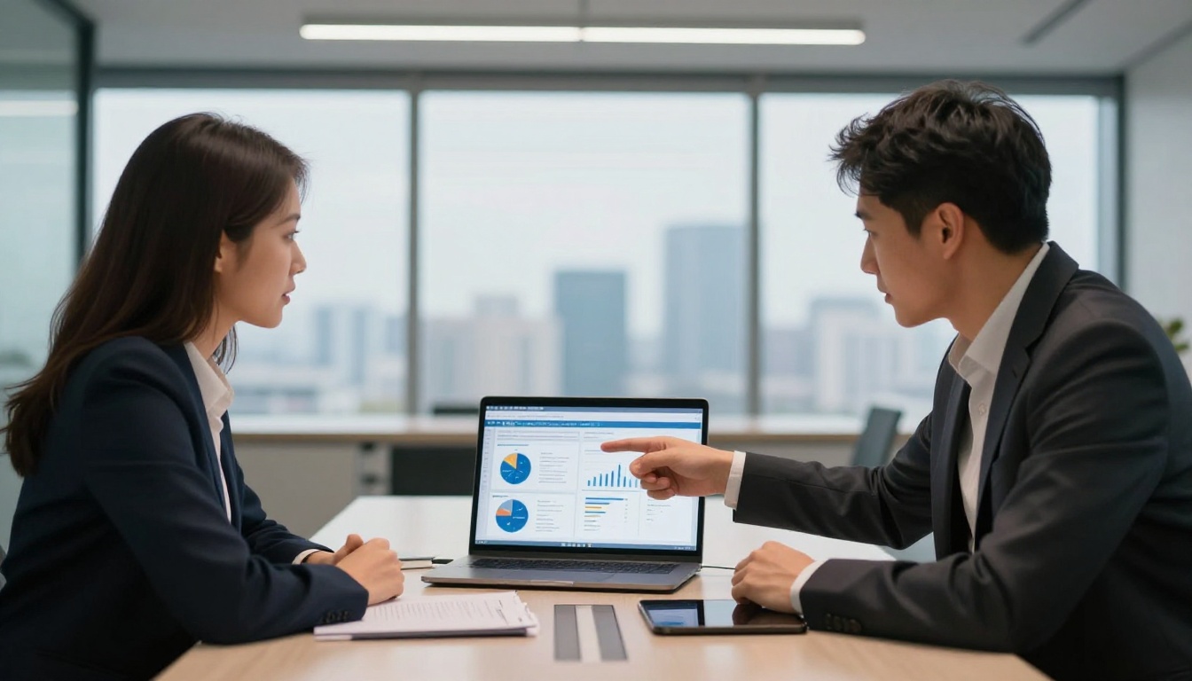 Two business colleagues at conference table looking at laptop showing corporate flipbook report with city view behind Two business colleagues at conference table looking at laptop showing corporate flipbook report with city view behind