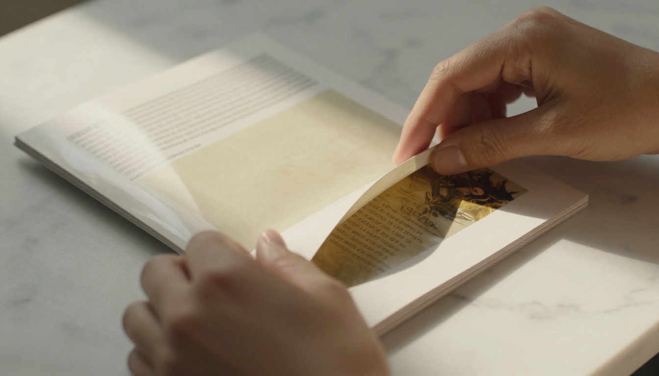 Hands opening a glossy printed brochure on a white marble table mid-page-turn