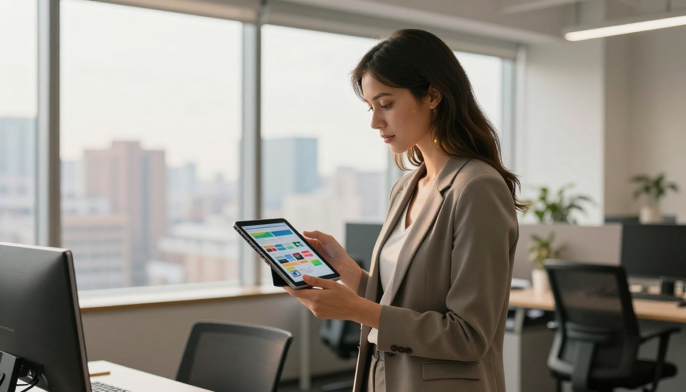 Young professional woman holding a tablet displaying a colorful digital catalog in a bright modern office