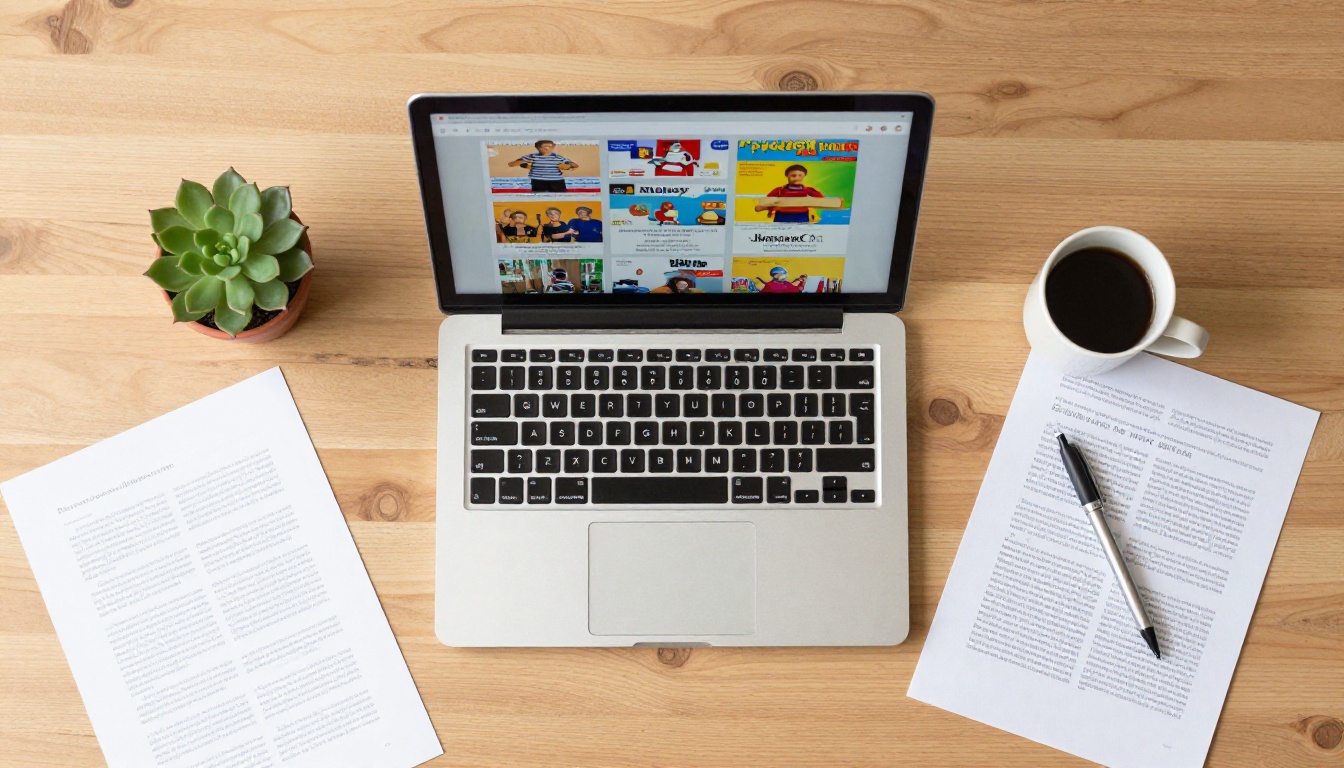 Aerial flat lay of an open laptop on an oak desk showing a flipbook interface with coffee mug and succulent plant