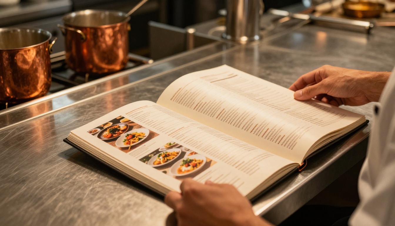 Restaurant owner in chef's whites reviewing a glossy printed menu on a stainless steel prep counter