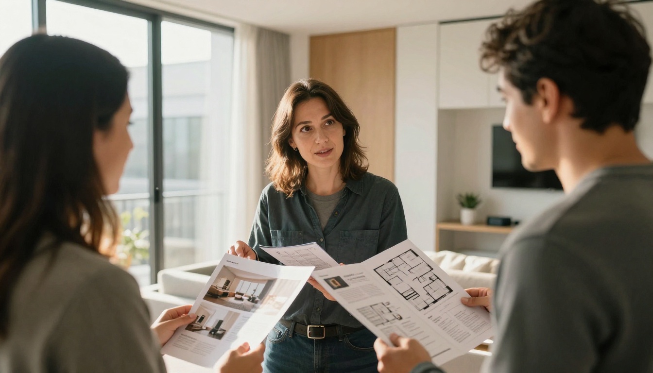 Real estate agent showing a property brochure mid-page-turn to a couple in a bright sunlit apartment