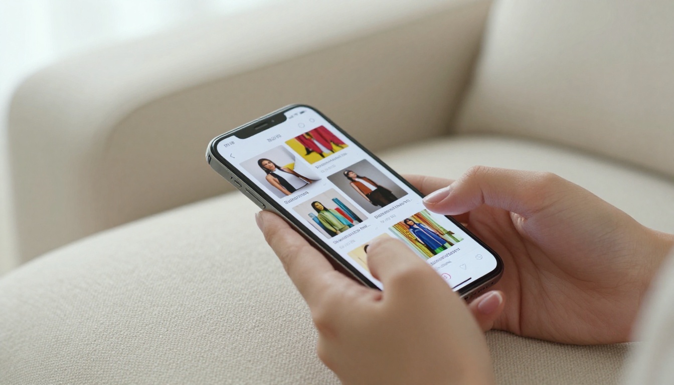 Close-up of a woman's hands scrolling through a digital flipbook on a smartphone with cream sofa background