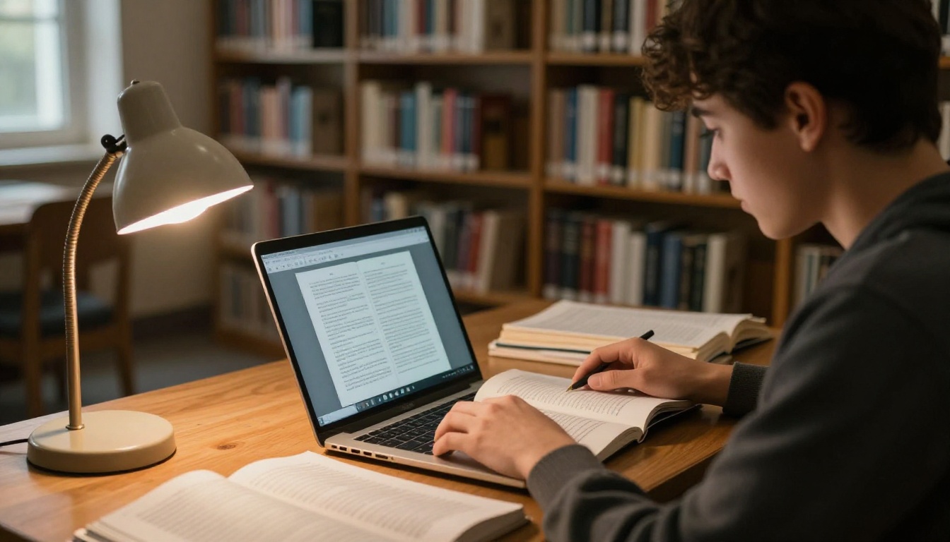 University student at a wooden library table with laptop showing an interactive e-book surrounded by textbooks