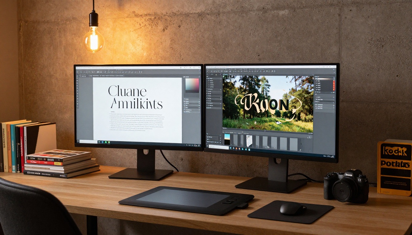 Creative designer at a dual monitor setup in a studio with warm Edison bulb lighting and Wacom tablet on desk