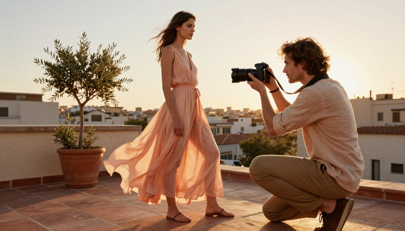 Fashion photographer directing a model on a sunlit rooftop terrace during golden hour