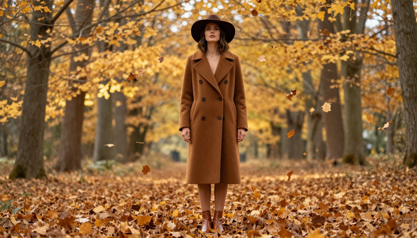 Female model in autumn forest setting surrounded by golden falling leaves wearing caramel wool coat