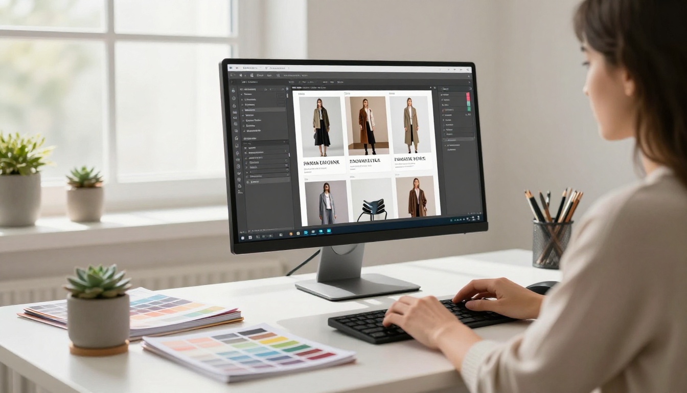 Brand designer working on lookbook layout at a bright Scandinavian-style studio desk