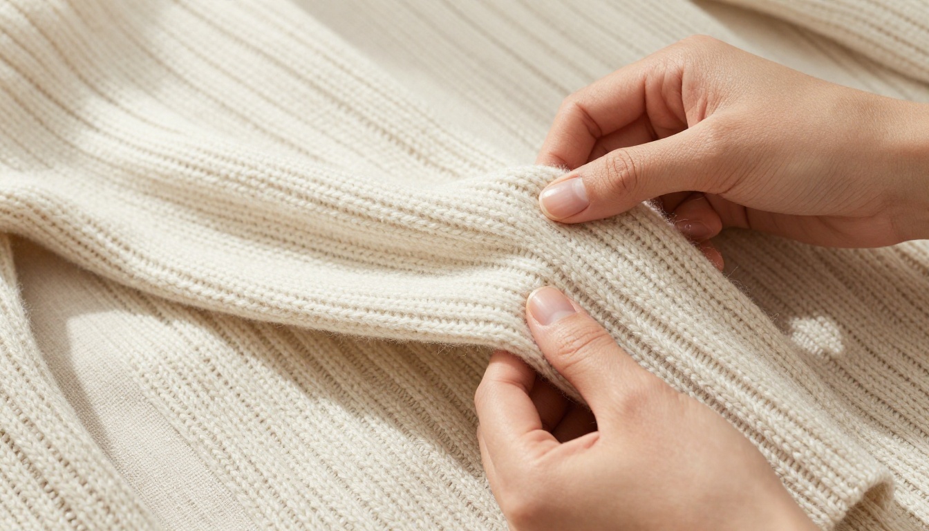 Close-up detail shot of hands styling a chunky ribbed oatmeal wool sweater on linen