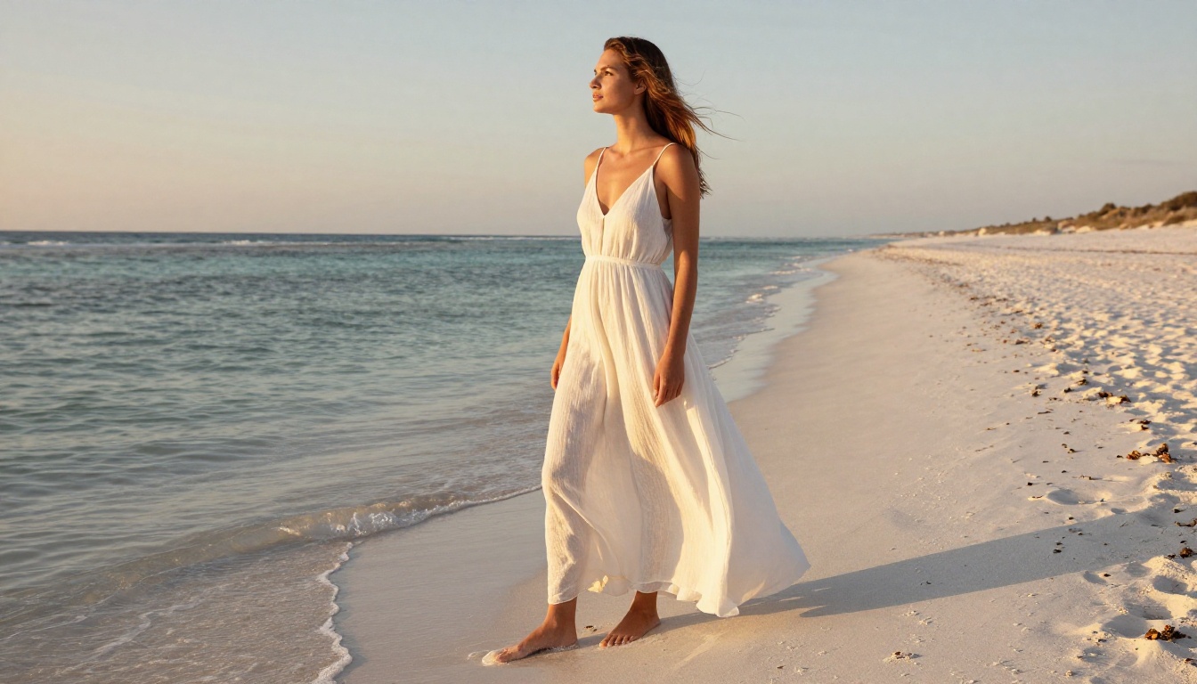 Female model in flowing white linen maxi dress on a white sand beach at golden hour