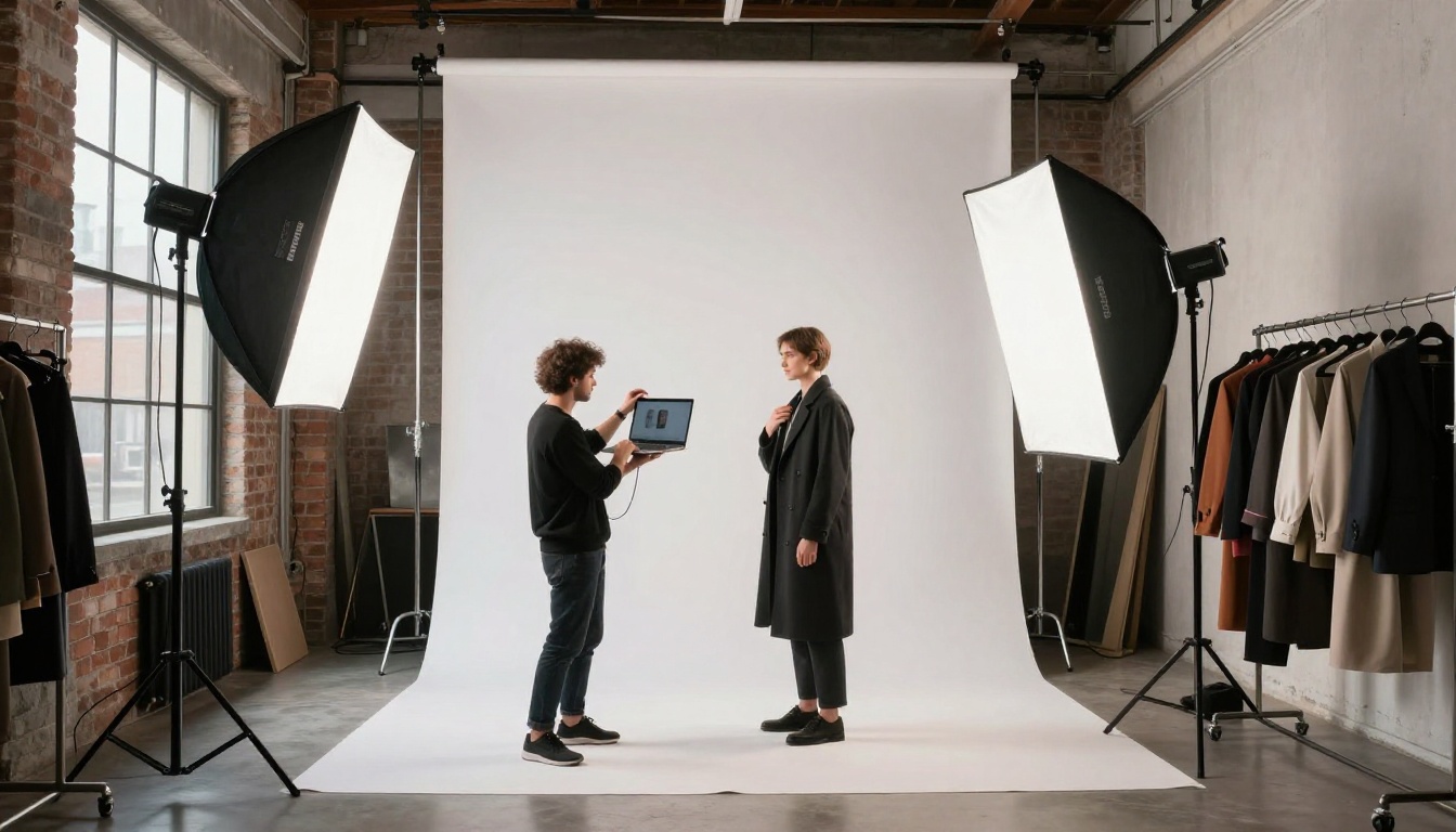 Behind-the-scenes of a professional lookbook photoshoot in an airy loft studio with exposed brick walls