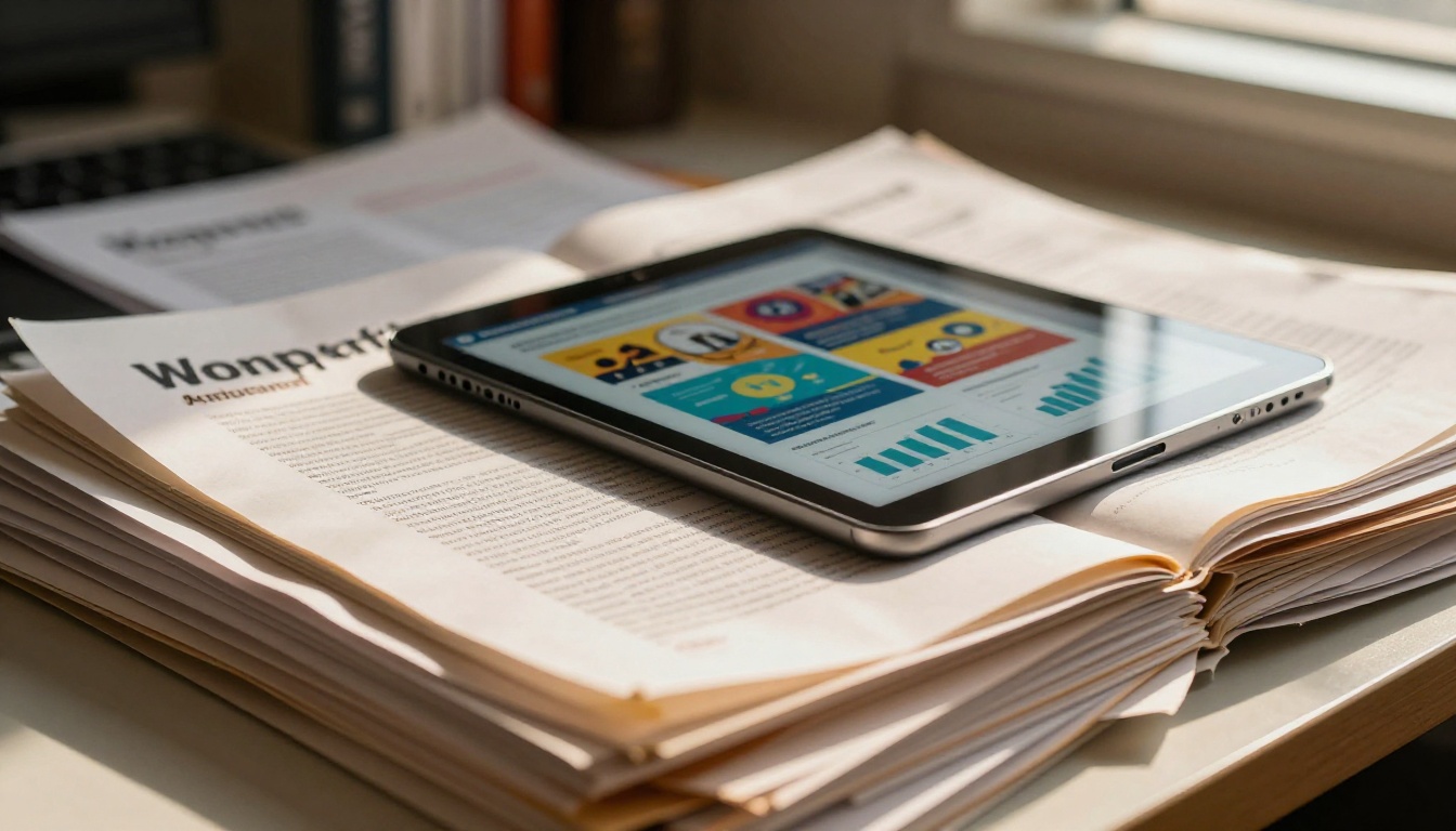 Printed nonprofit annual reports stacked on desk next to tablet showing digital version Printed nonprofit annual reports stacked on desk next to tablet showing digital version