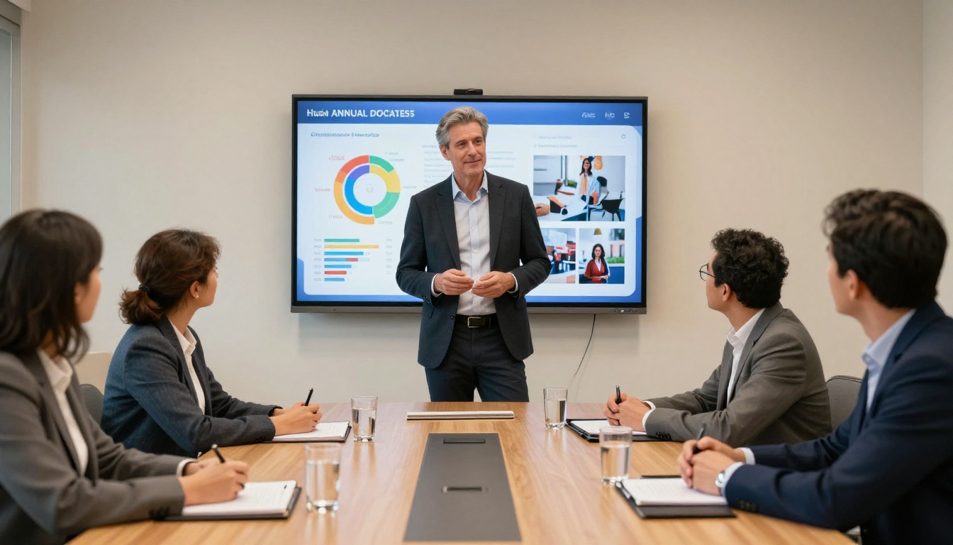 Nonprofit director presenting digital annual report on large boardroom screen to donors Nonprofit director presenting digital annual report on large boardroom screen to donors