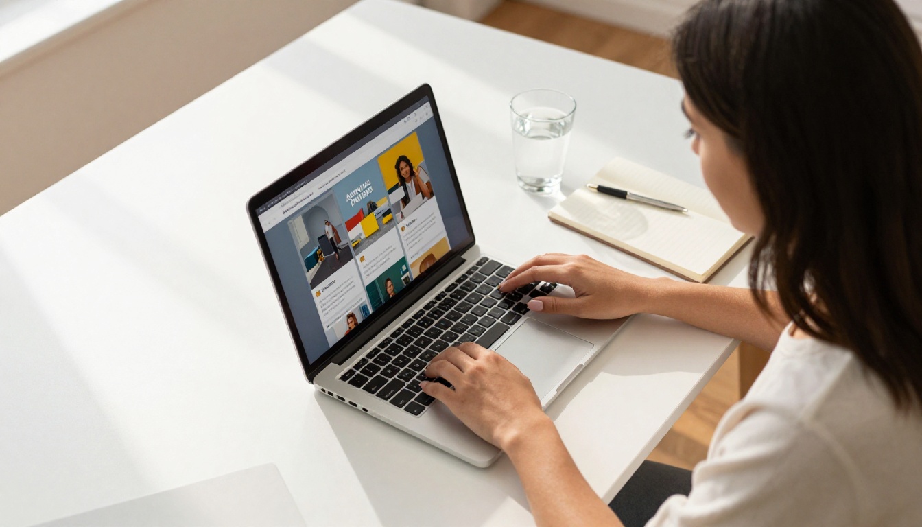 Young woman scrolling through interactive digital annual report on laptop overhead view Young woman scrolling through interactive digital annual report on laptop overhead view
