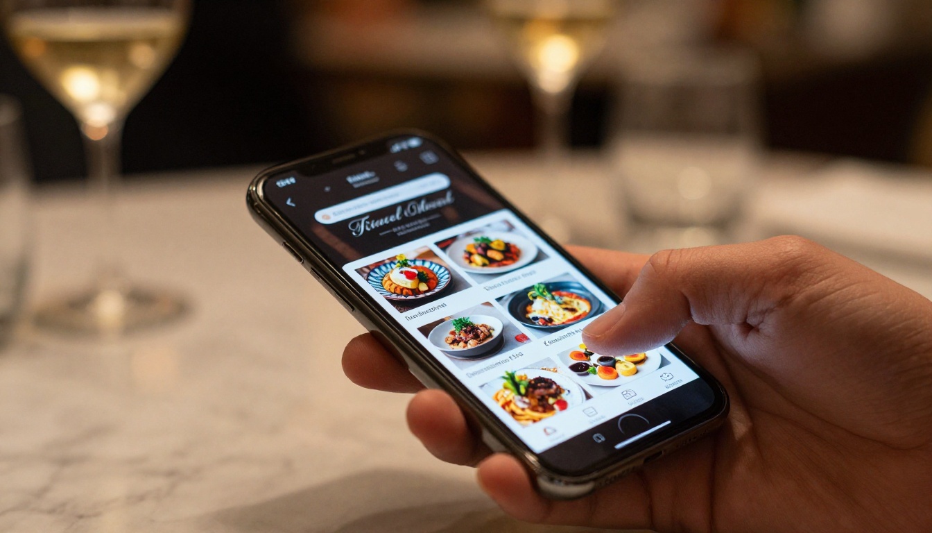 Customer browsing digital restaurant menu on smartphone at table