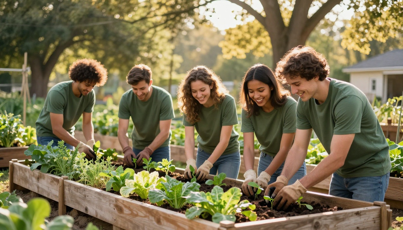 Diverse nonprofit volunteers laughing while planting seedlings in community garden morning sunlight Diverse nonprofit volunteers laughing while planting seedlings in community garden morning sunlight