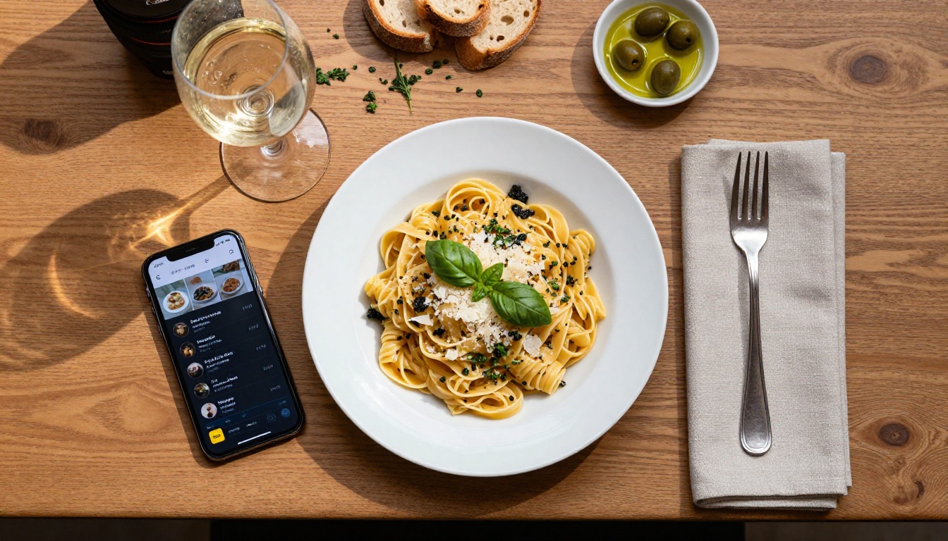 Flat-lay of gourmet pasta dish alongside digital menu on smartphone