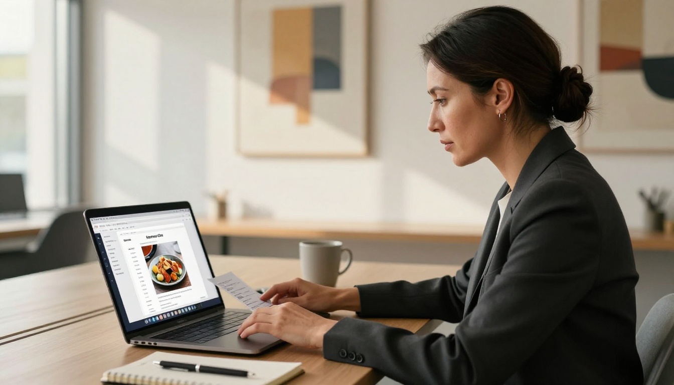 Restaurant manager uploading menu PDF on laptop at desk