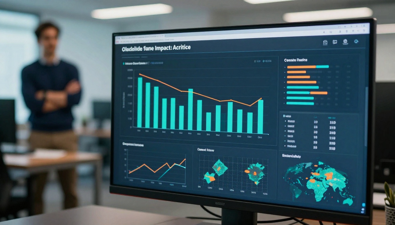 Nonprofit analytics dashboard displayed on large office monitor teal bar charts Nonprofit analytics dashboard displayed on large office monitor teal bar charts