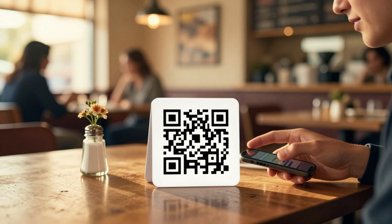 QR code at restaurant table with customer scanning for digital menu