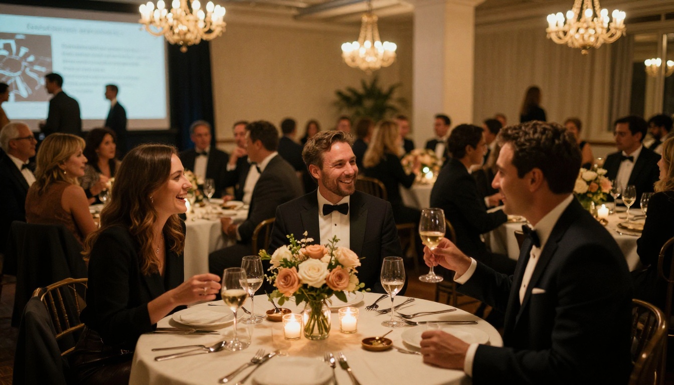 Nonprofit fundraising gala attendees mingling under warm amber chandeliers formal attire Nonprofit fundraising gala attendees mingling under warm amber chandeliers formal attire