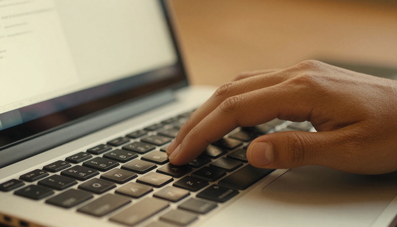 Hands typing on brushed aluminum laptop keyboard creating digital document warm side light Hands typing on brushed aluminum laptop keyboard creating digital document warm side light