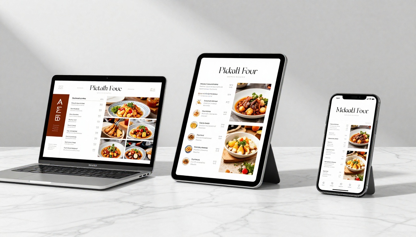 Three devices showing the same restaurant menu flipbook on laptop, tablet, and phone