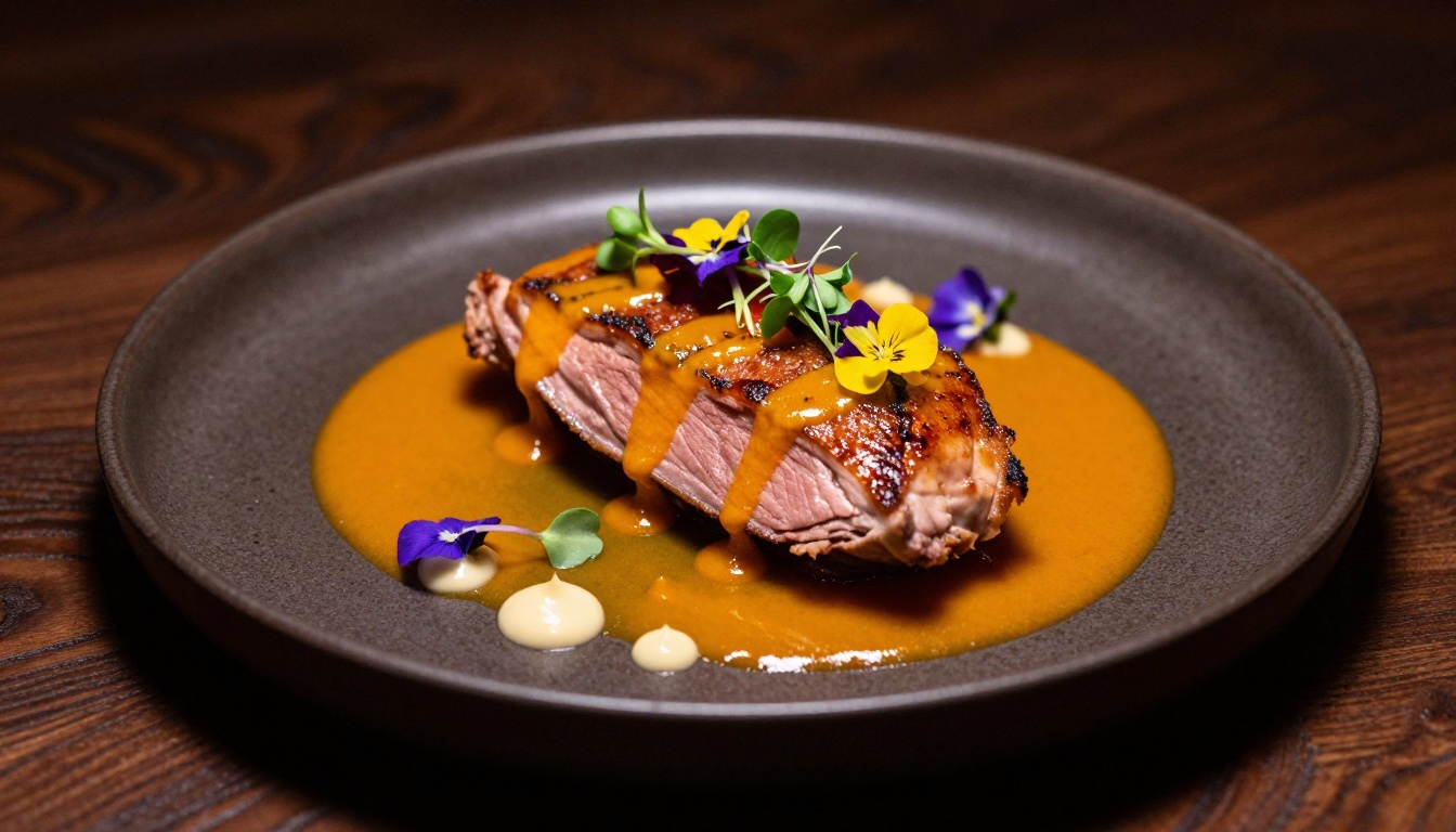 Beautifully plated seared duck breast with sauce and edible flowers on dark ceramic plate
