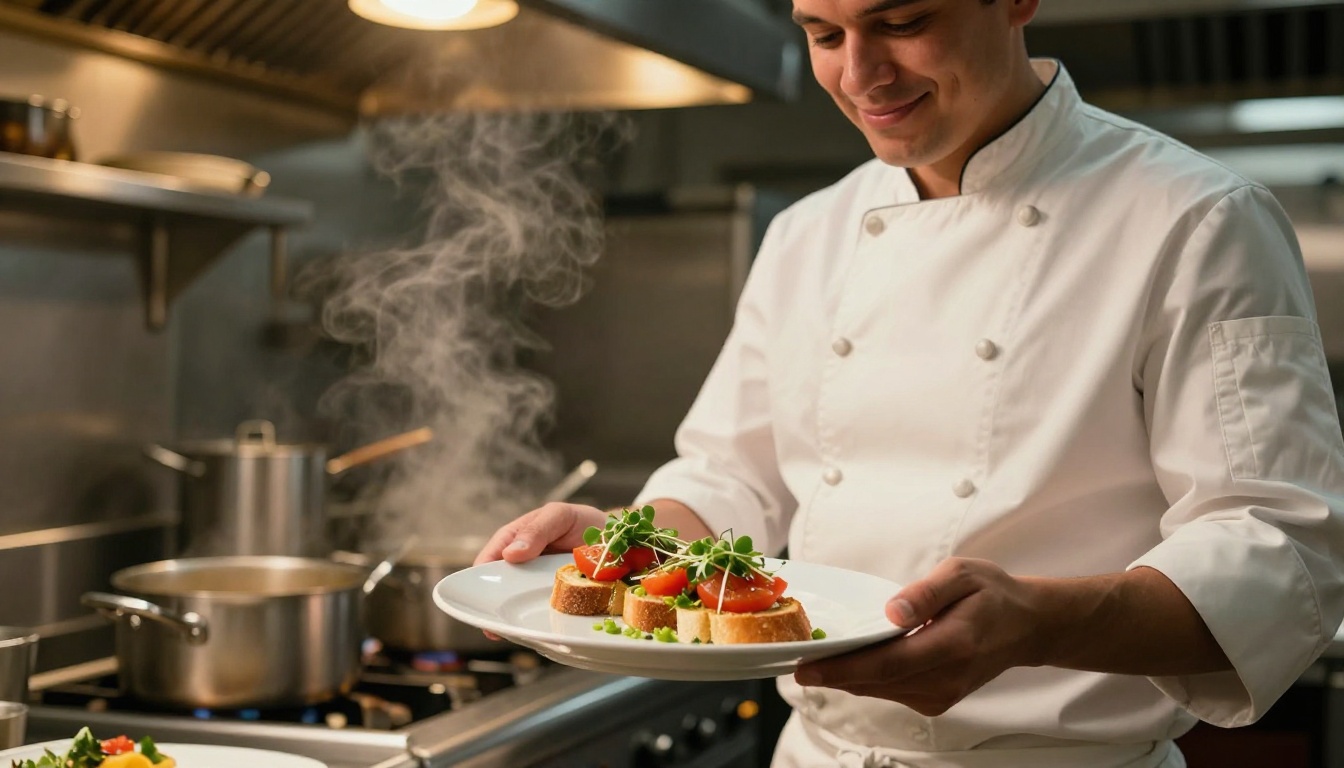 Professional chef holding plated bruschetta appetizer in commercial kitchen