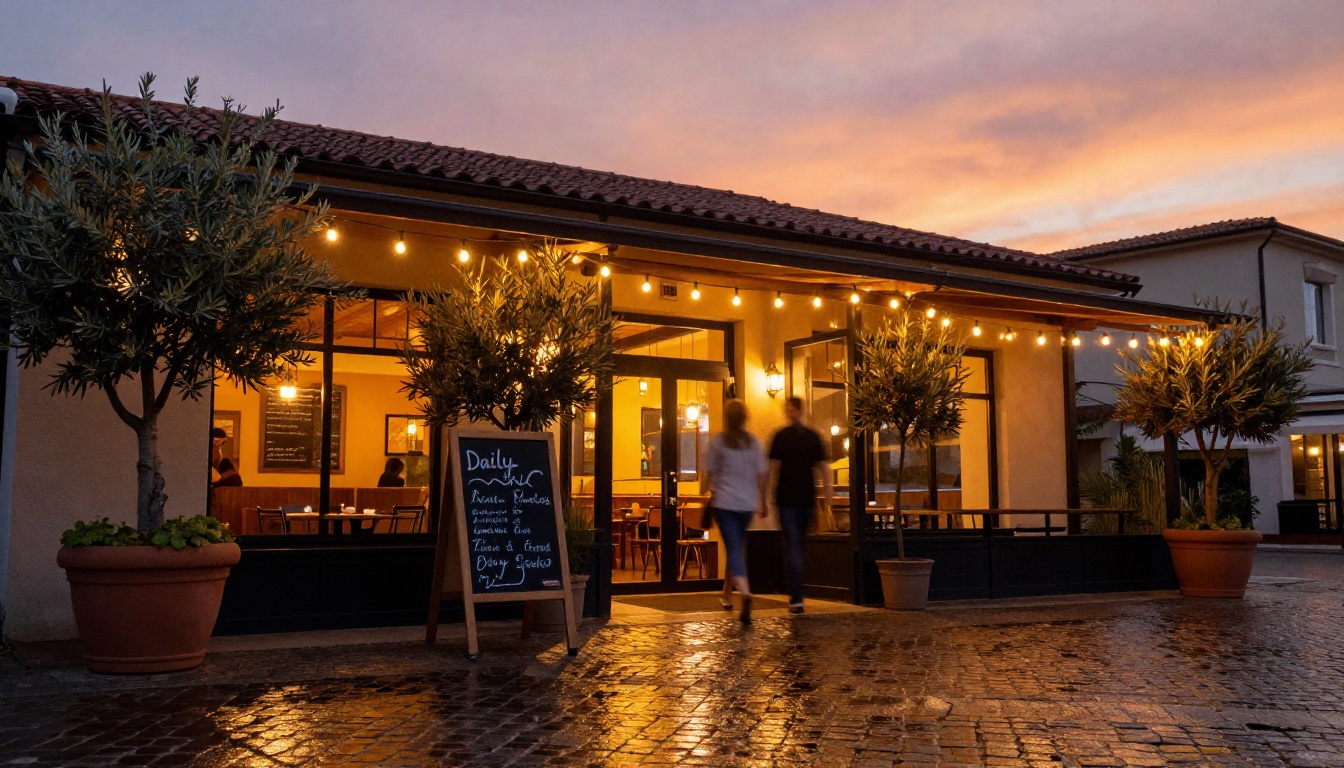Restaurant outdoor terrace entrance at dusk with string lights and warm amber glow