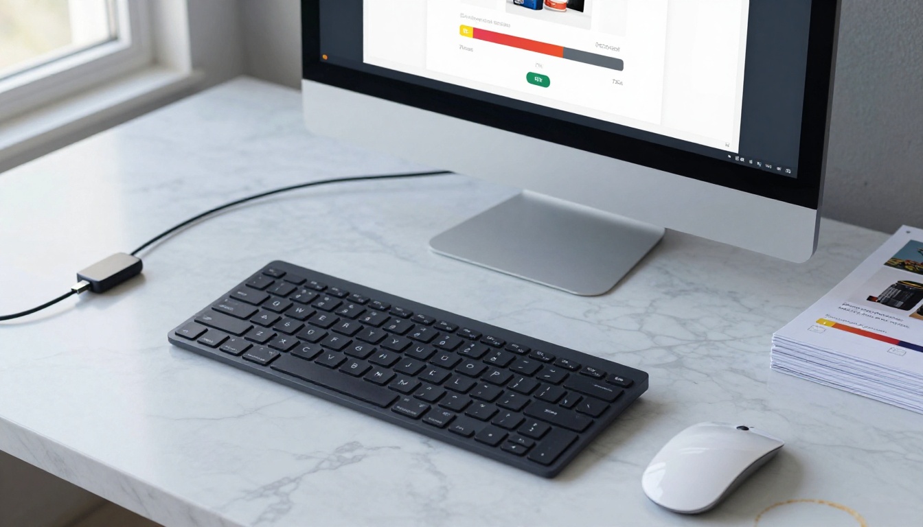 PDF upload interface on a modern desktop with printed catalogs stacked beside the monitor, marble desk surface