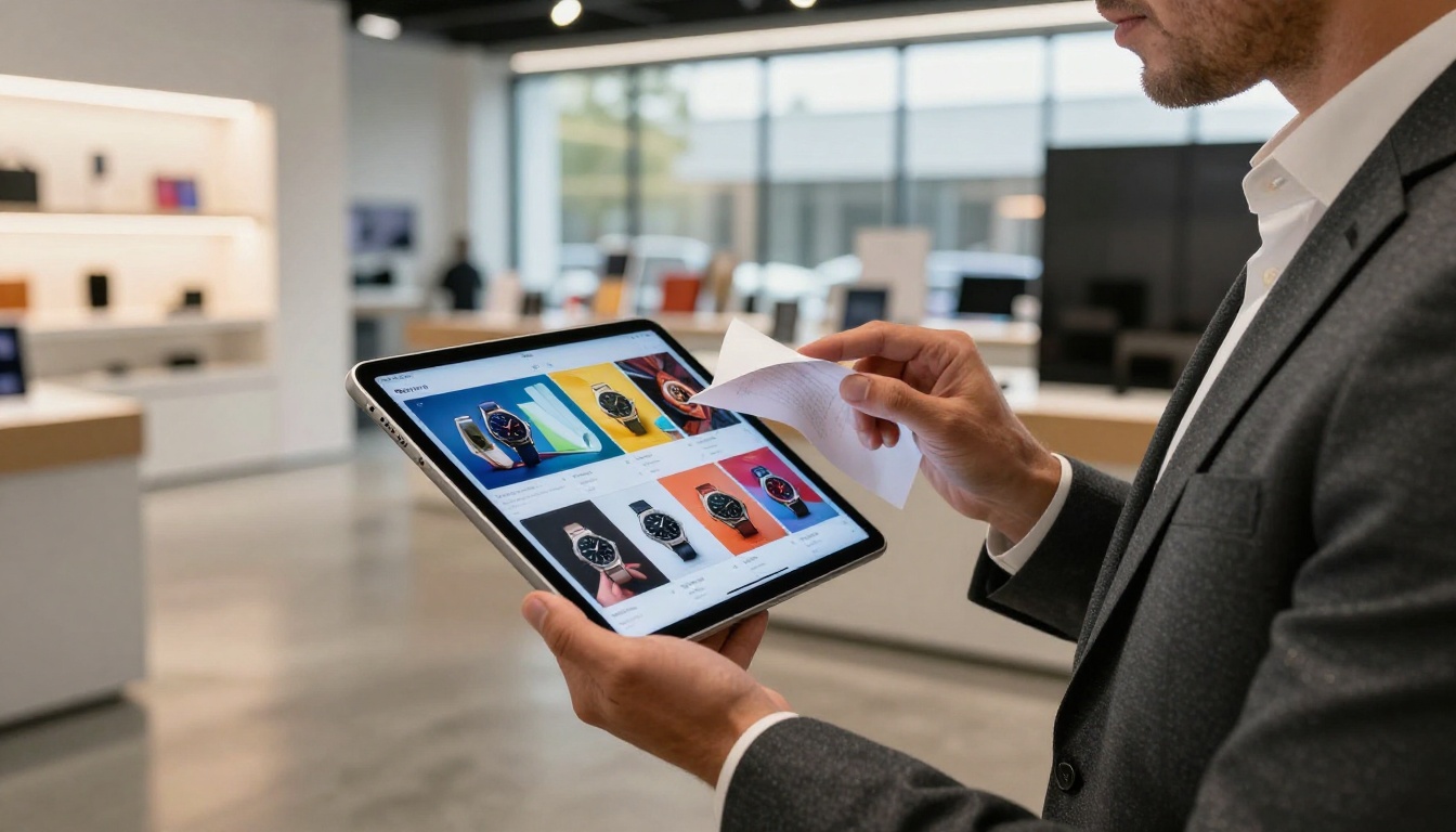 Man in retail showroom holding iPad with luxury product catalog flipbook open mid-page-turn, low-angle shot