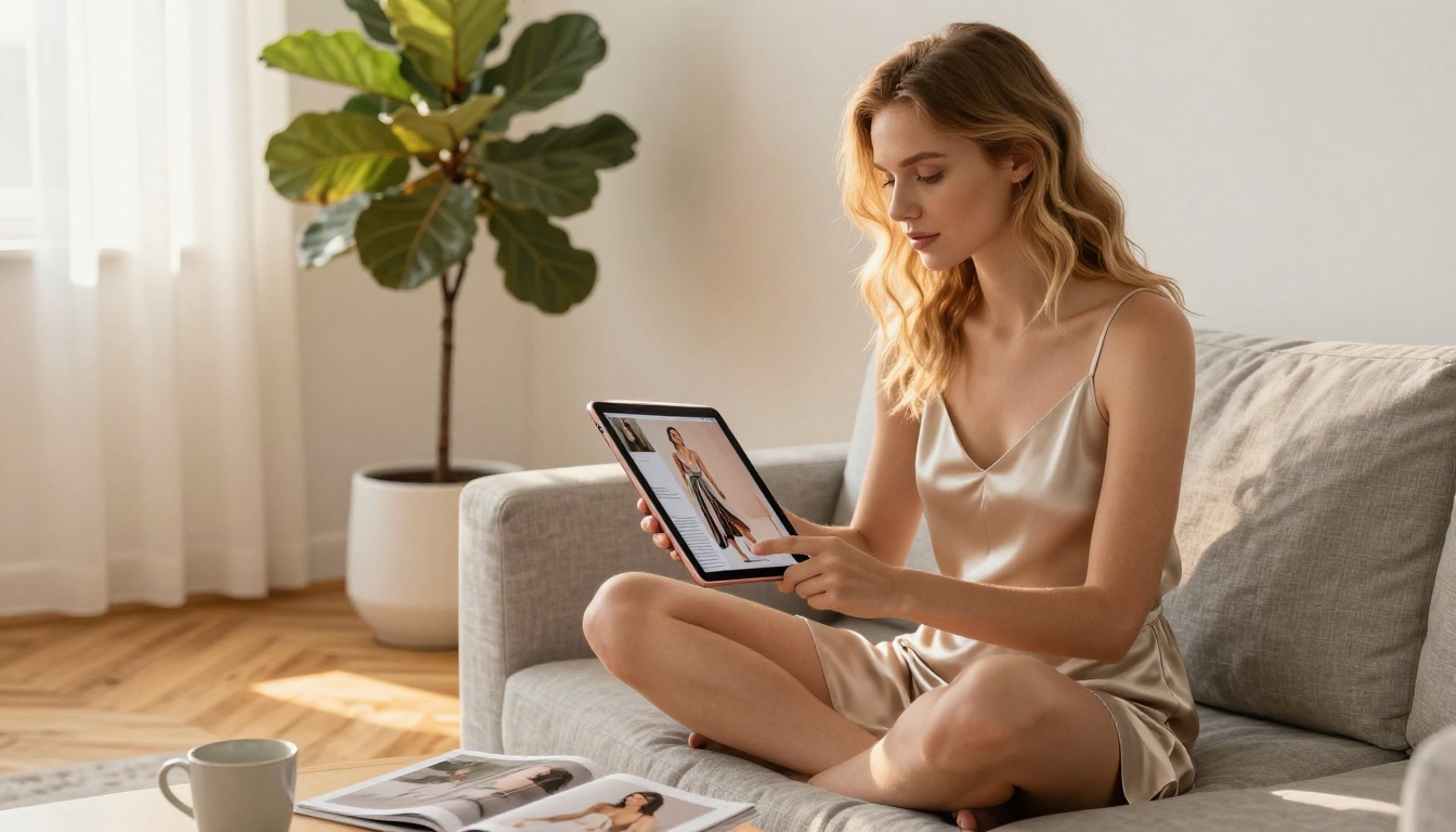 Woman fashion stylist browsing a lookbook flipbook on rose gold iPad, golden hour light through linen curtains