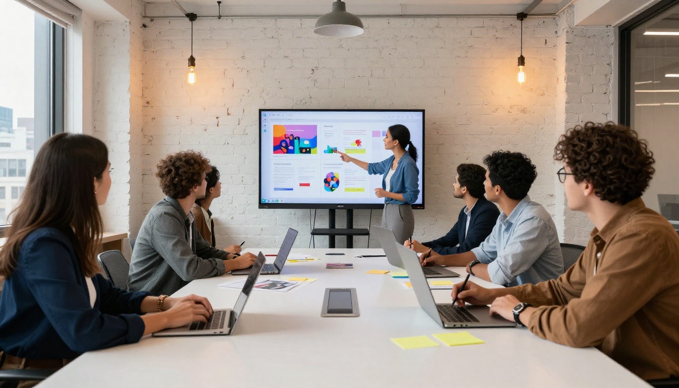 Marketing team reviewing interactive product flipbook on wall-mounted monitor in a modern open-plan office