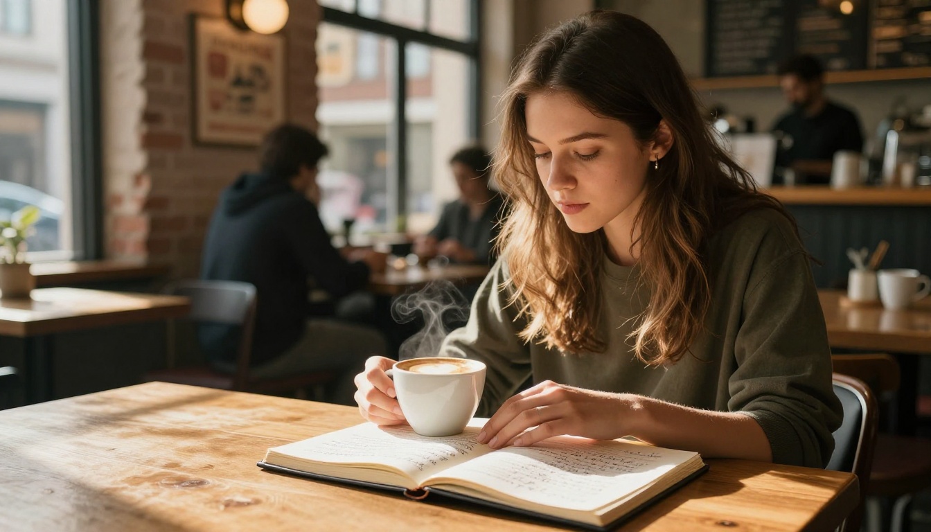 Blogger writing content ideas at a coffee shop with notebooks and cappuccino