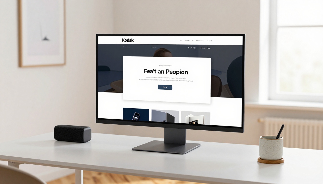 Widescreen monitor on minimalist white desk showing a product website with embedded interactive flipbook catalog