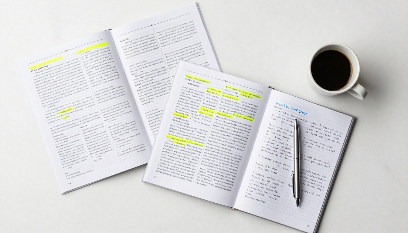 Overhead flat-lay of printed blog articles spread across a marble desk being organized