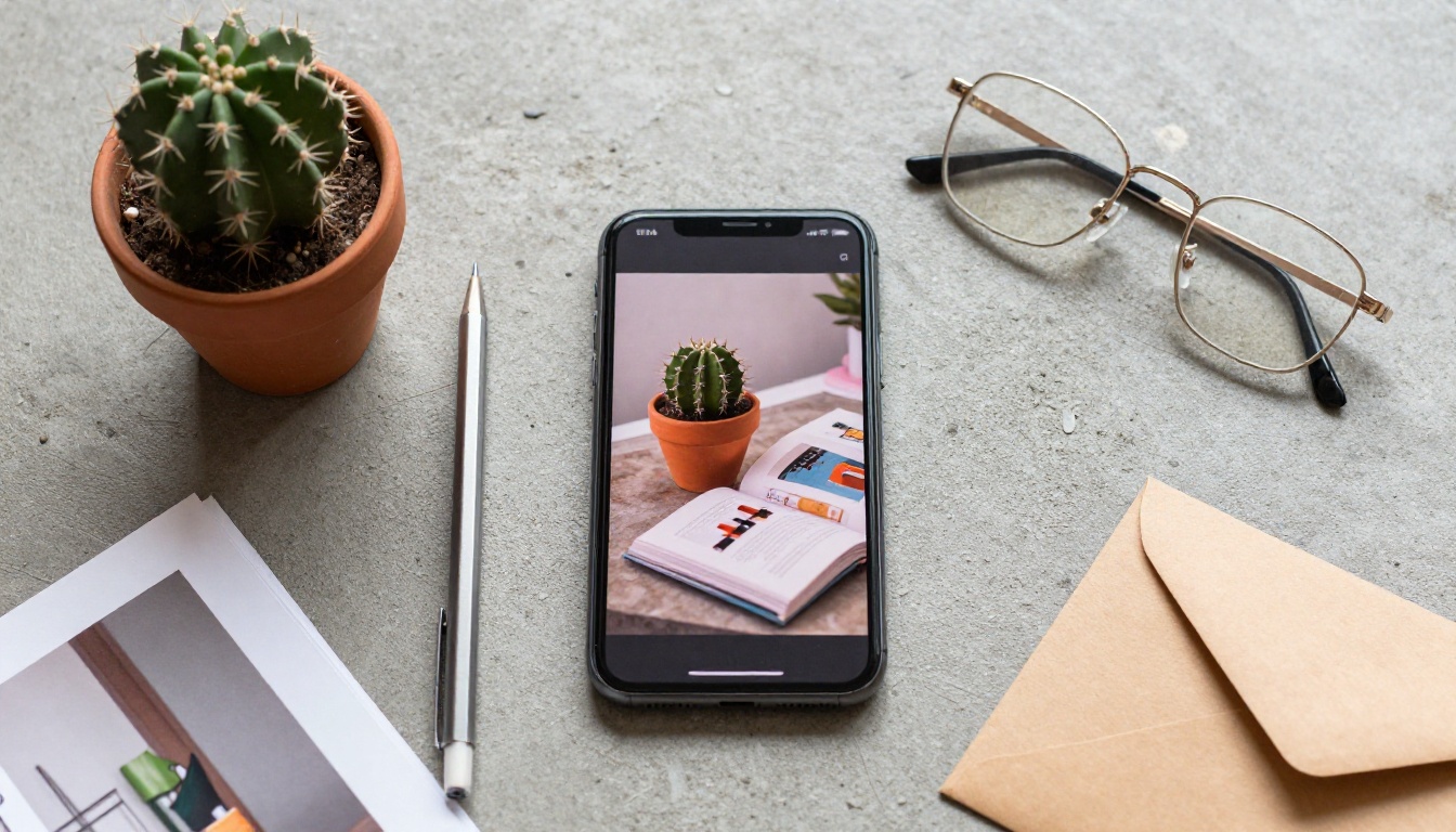 Overhead flat lay of smartphone showing product catalog flipbook surrounded by printed catalog pages and glasses on brushed concrete