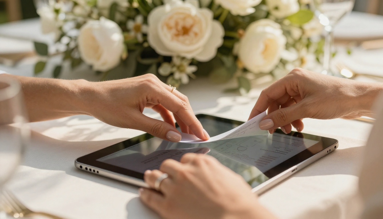 Hands flipping through a digital event program on a tablet at an outdoor garden wedding Hands flipping through a digital event program on a tablet at an outdoor garden wedding
