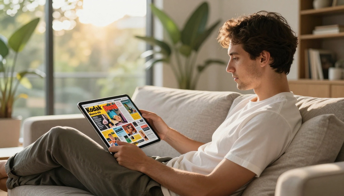 Man relaxing on a sofa reading a colorful digital magazine on his tablet