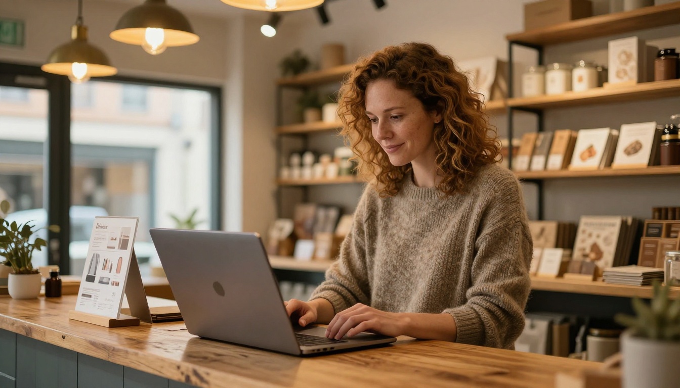Retail boutique owner at wooden counter viewing her product catalog as a professional flipbook on a laptop