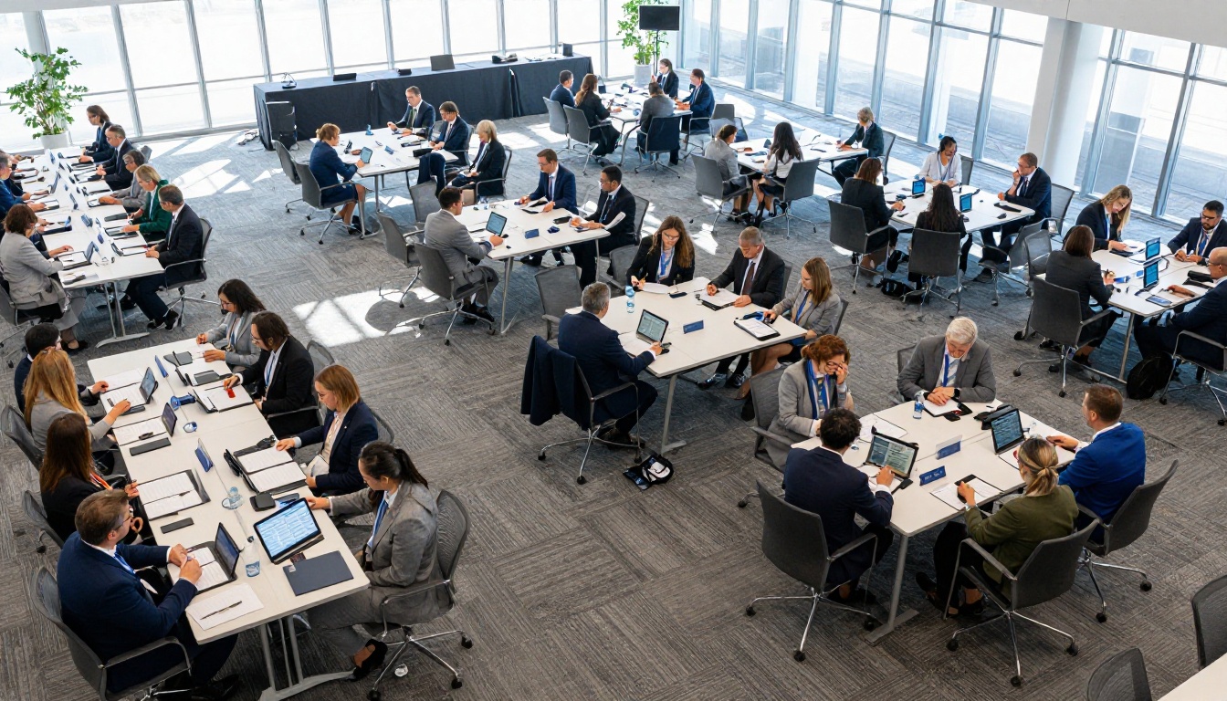 Wide aerial shot of a corporate conference with attendees viewing digital programs on tablets Wide aerial shot of a corporate conference with attendees viewing digital programs on tablets