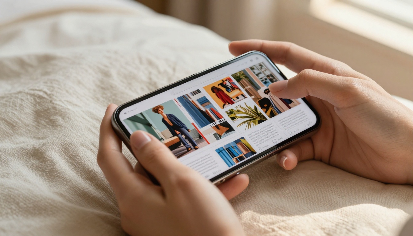 Close-up of female hands scrolling through a digital flipbook on a smartphone